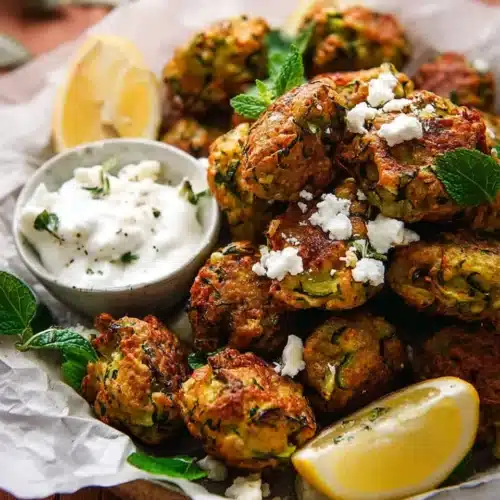 Greek Zucchini Tots (Crispy, Cheesy, and So Easy!) 9 Greek zucchini tots with yogurt dip, feta, and lemon wedges on parchment plate