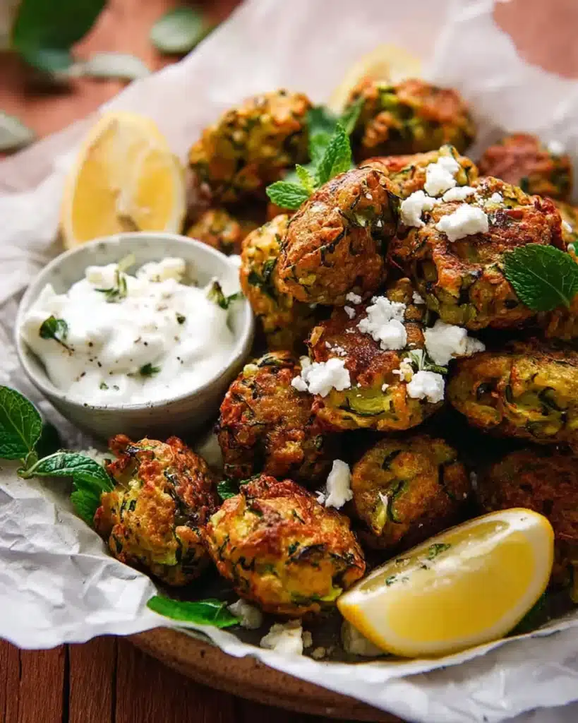 Greek Zucchini Tots (Crispy, Cheesy, and So Easy!) 1 Greek zucchini tots with yogurt dip, feta, and lemon wedges on parchment plate