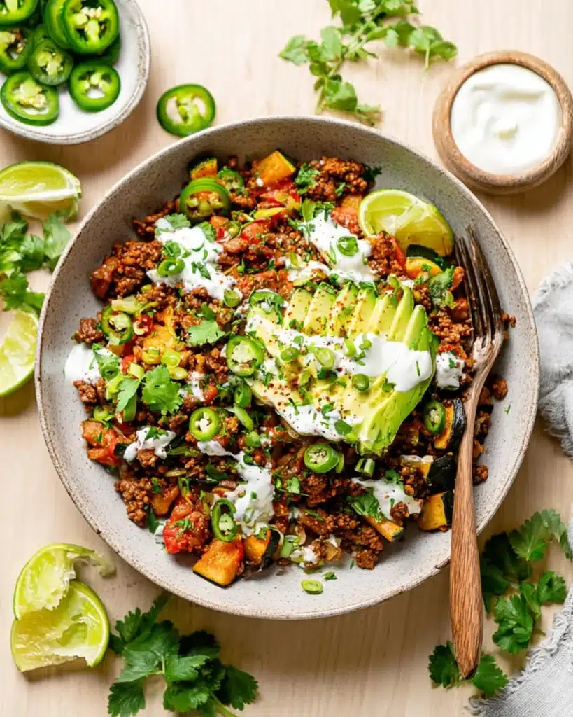 Ground Beef and Zucchini Skillet 4 Plated ground beef and zucchini skillet topped with avocado and sour cream