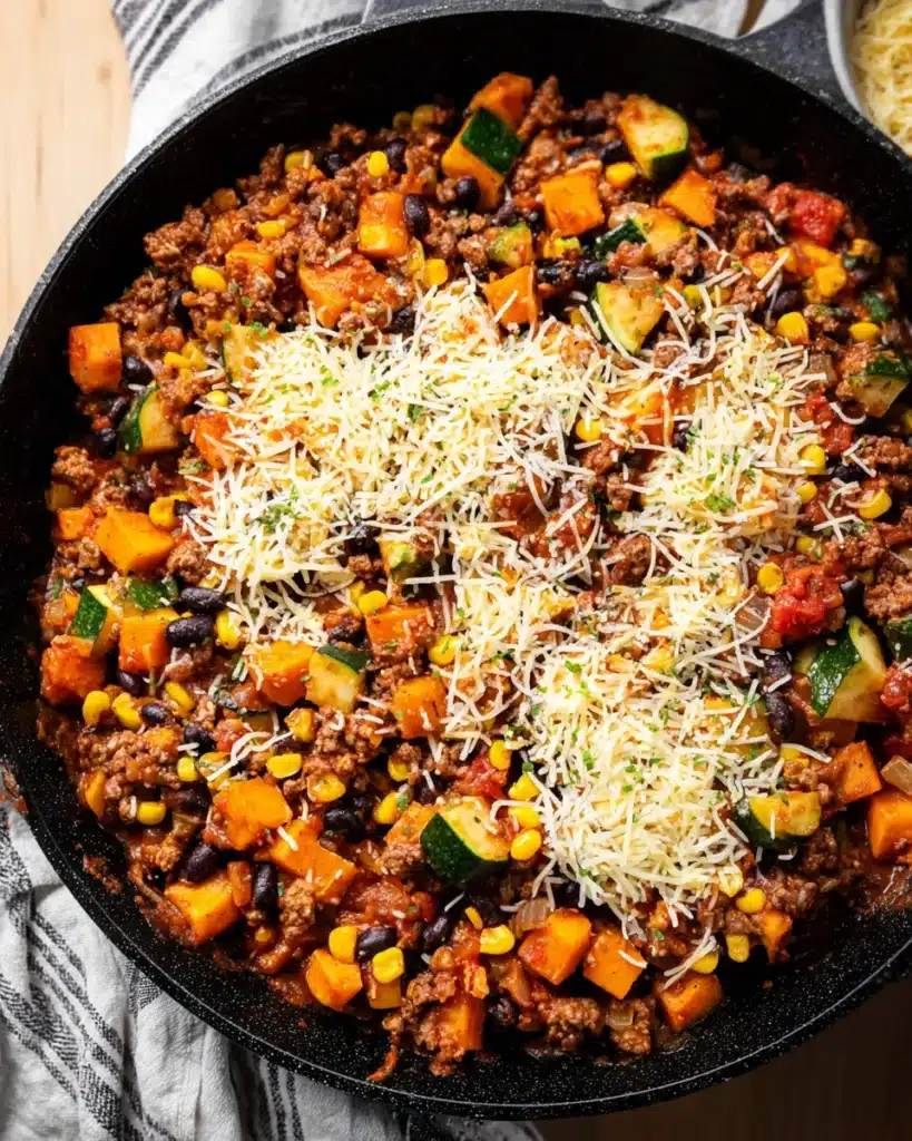 Ground Beef and Zucchini Skillet 3 Ground beef and zucchini skillet topped with shredded cheese before melting