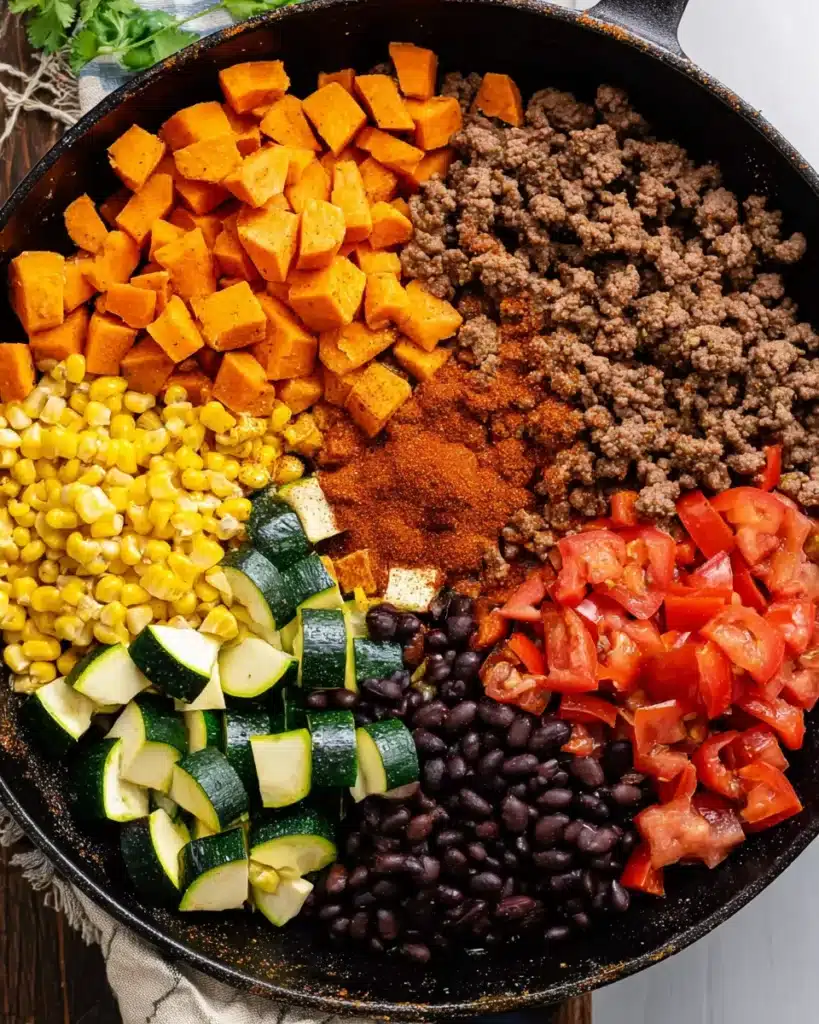 Ground Beef and Zucchini Skillet 2 Ground beef and zucchini skillet ingredients cooking together in a skillet