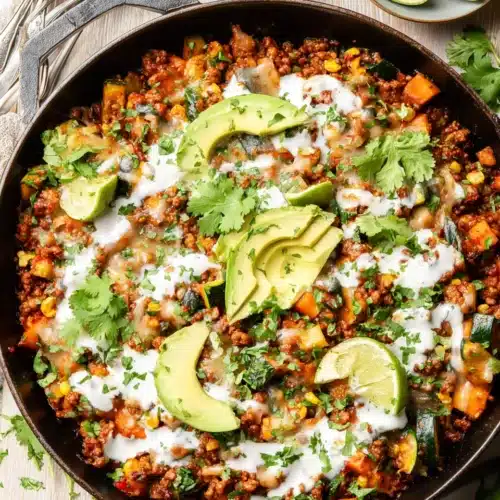 Ground Beef and Zucchini Skillet 5 Ground beef and zucchini skillet topped with avocado, cheese, cilantro, and lime wedges