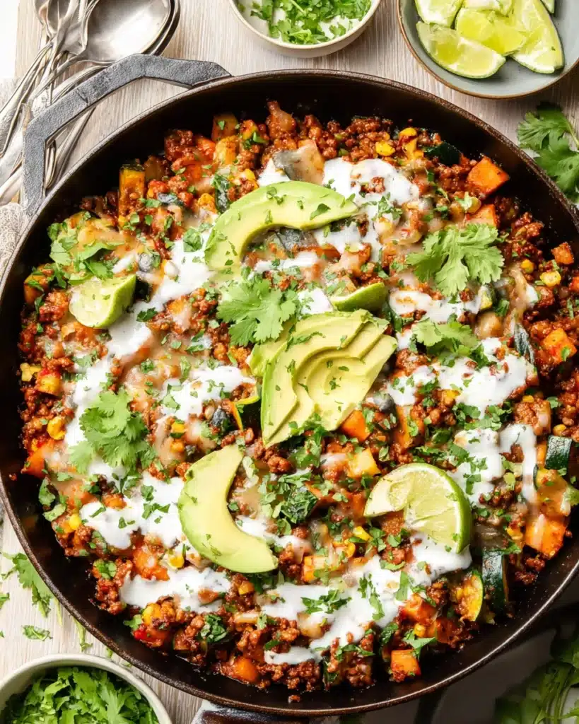 Ground Beef and Zucchini Skillet 1 Ground beef and zucchini skillet topped with avocado, cheese, cilantro, and lime wedges