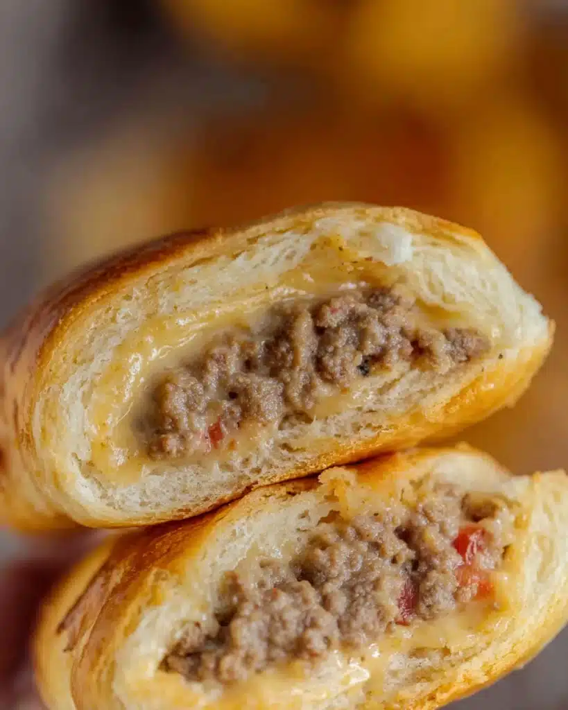 Ground Beef Crescent Rolls 4 Close-up of baked ground beef crescent roll with cheesy beef filling
