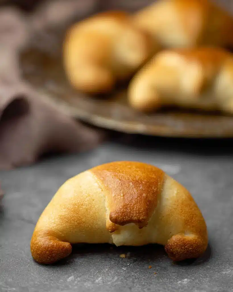 Ground Beef Crescent Rolls 3 Golden baked ground beef crescent roll on gray surface