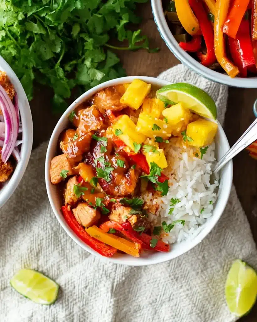 Hawaiian Chicken Sheet Pan Recipe (Easy, Healthy, and Flavorful) 3 Hawaiian chicken sheet pan rice bowl with pineapple, peppers, and sauce