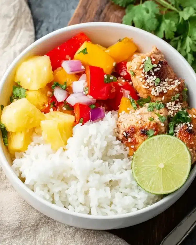 Hawaiian Chicken Sheet Pan Recipe (Easy, Healthy, and Flavorful) 2 Hawaiian chicken sheet pan served in a rice bowl with pineapple and lime