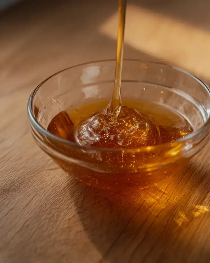 Honey Garlic Chicken 4 Pouring golden honey into glass bowl on wooden surface