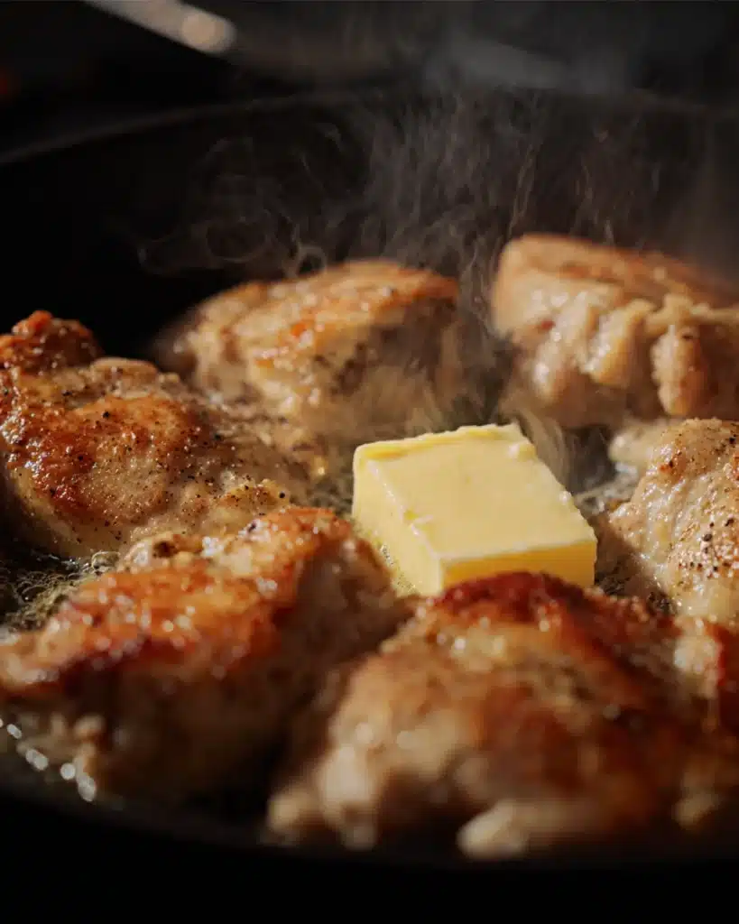 Honey Garlic Chicken 3 Golden chicken searing in pan with melting butter