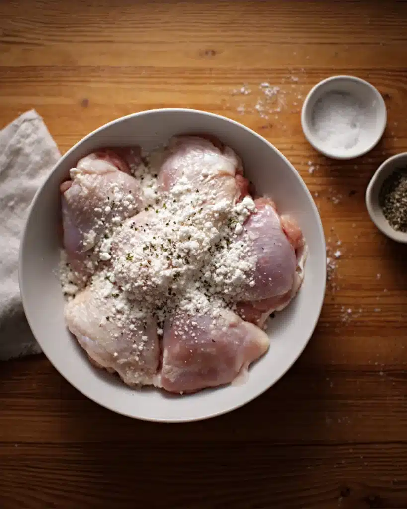 Honey Garlic Chicken 2 Raw chicken with cornflour, salt, and pepper in a bowl