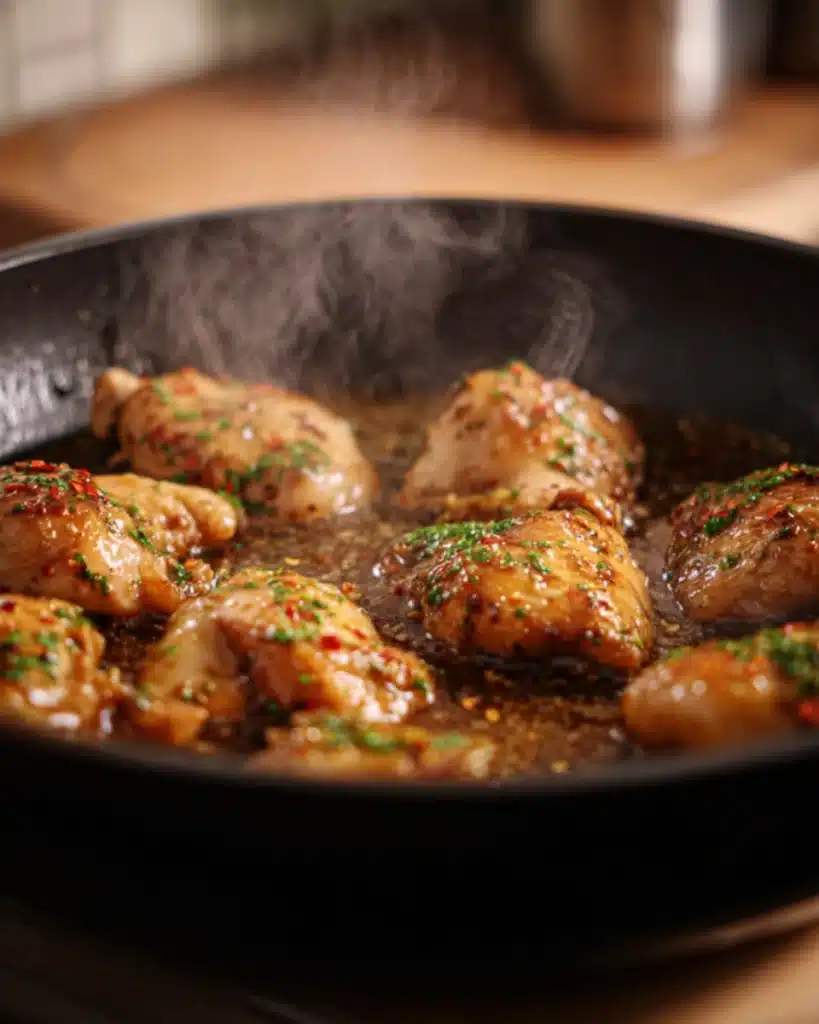 Honey Garlic Chicken 6 Honey Garlic Chicken simmering in pan with glaze and herbs