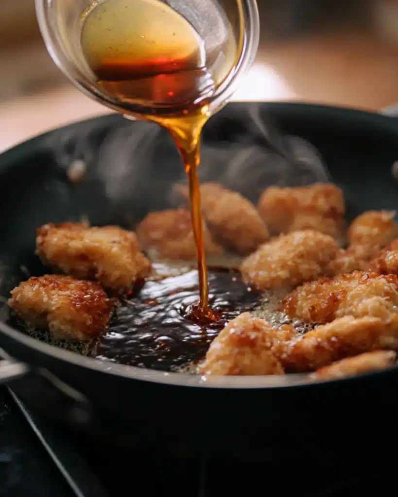 Honey Garlic Chicken 5 Pouring honey garlic sauce into skillet with browned chicken