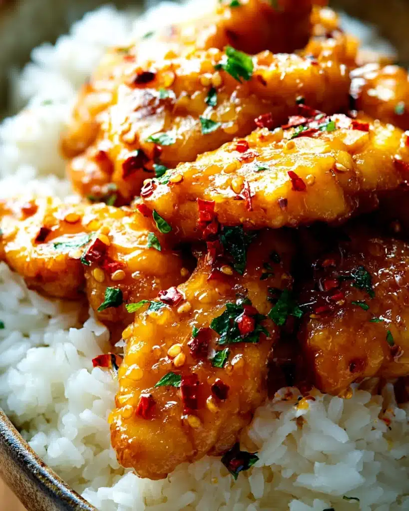 Honey Garlic Chicken 8 Honey Garlic Chicken served over white rice with chili flakes and herbs