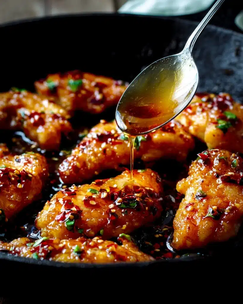 Honey Garlic Chicken 7 Honey Garlic Chicken simmering in skillet with sauce drizzle