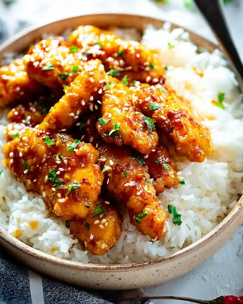 Honey Garlic Chicken 1 Honey Garlic Chicken over rice with glossy honey-garlic glaze and herbs