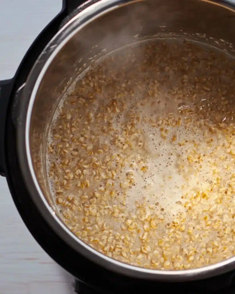 Instant Pot Steel Cut Oats 3 Cooked steel cut oats after natural pressure release in an Instant Pot