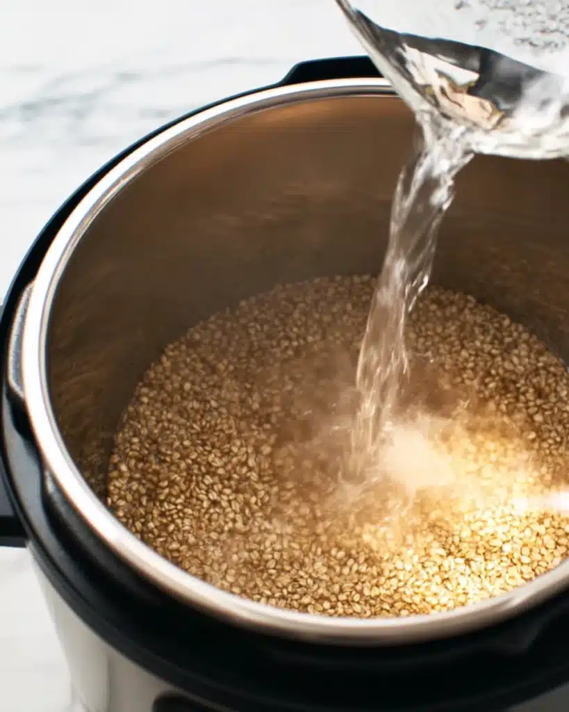 Instant Pot Steel Cut Oats 2 Pouring water over steel cut oats in an Instant Pot before cooking