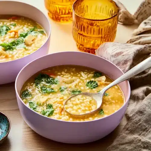 Italian Penicillin Soup Recipe Overview 5 Italian Penicillin Soup with pastina and chicken served in pastel bowls