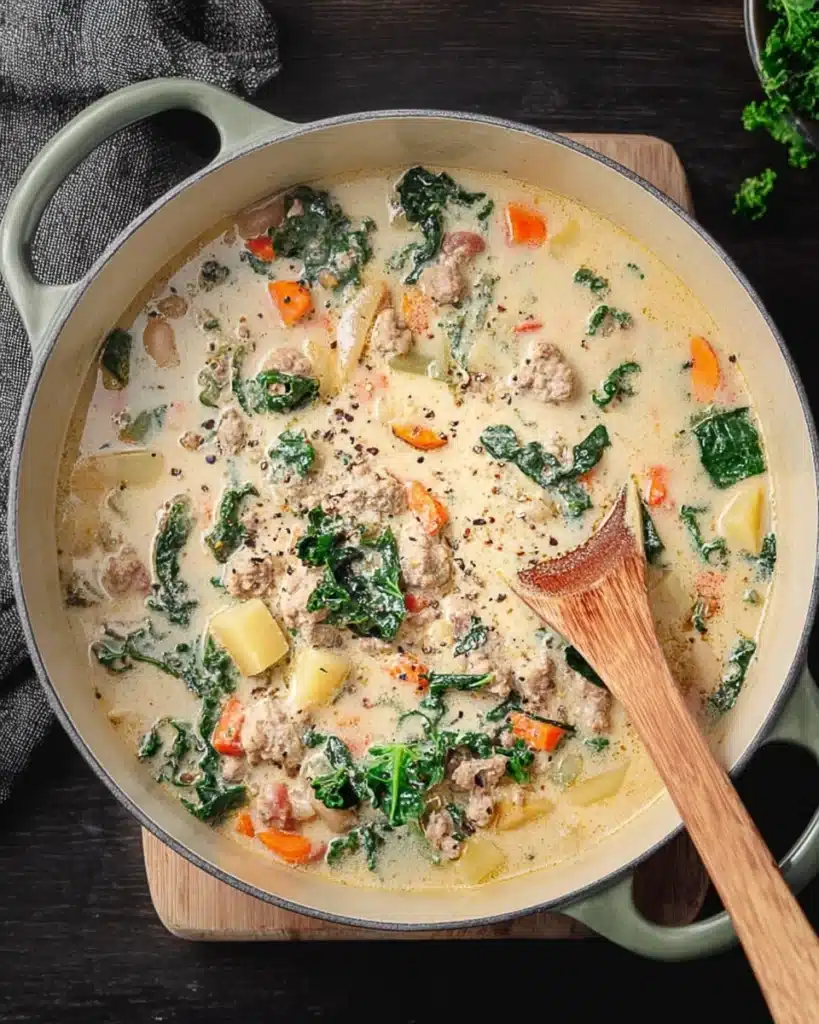 Italian Sausage and White Bean Soup (with Tuscan Kale) 7 Creamy Italian sausage and white bean soup with kale, carrots, and potatoes in a pot