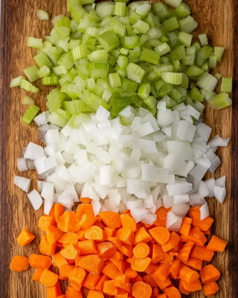 Italian Sausage and White Bean Soup (with Tuscan Kale) 3 Diced onions, carrots, and celery on a wooden cutting board for Italian sausage and white bean soup