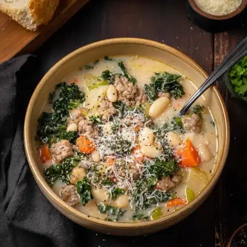 Italian Sausage and White Bean Soup (with Tuscan Kale) 8 Creamy Italian sausage and white bean soup with kale and carrots in a rustic bowl