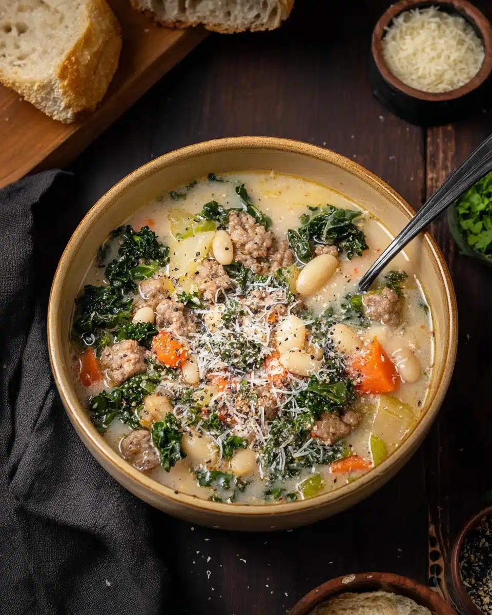Italian Sausage and White Bean Soup with Tuscan Kale Creamy Italian sausage and white bean soup with kale and carrots in a rustic bowl