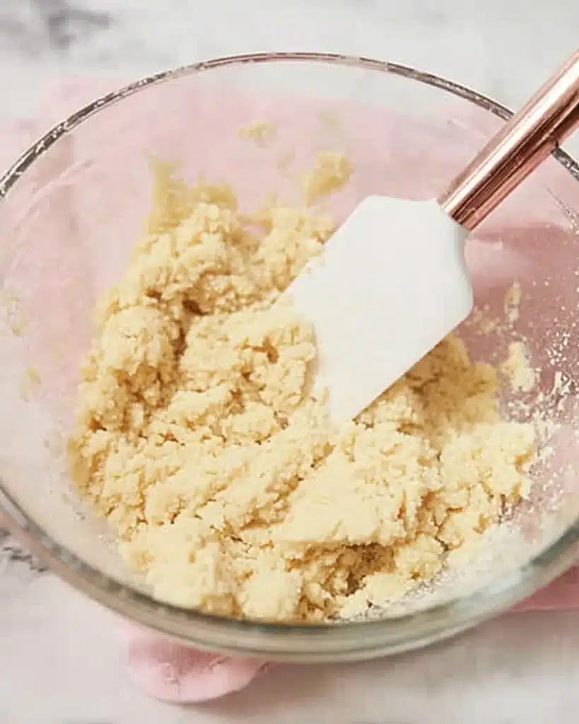 Lemon Bars 2 Mixing crumbly shortbread dough in a glass bowl with spatula