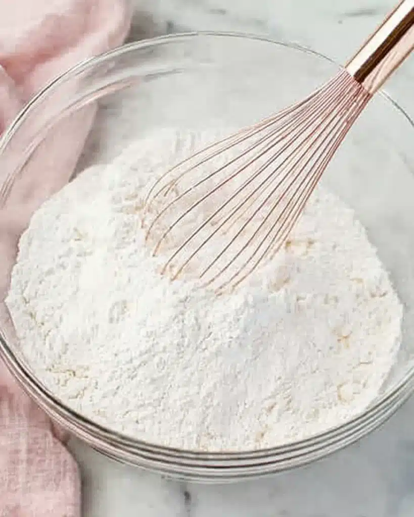 Lemon Bars 3 Whisk mixing flour in a glass bowl on marble counter