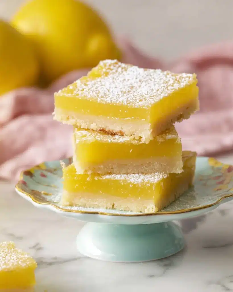Lemon Bars 5 Stacked lemon bars with powdered sugar on pink cake stand
