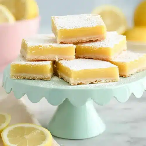 Lemon Bars 7 Stack of lemon bars with powdered sugar on a blue cake stand