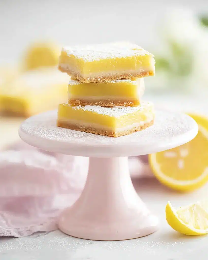 Lemon Bars 6 Stacked lemon bars with powdered sugar on pink cake stand