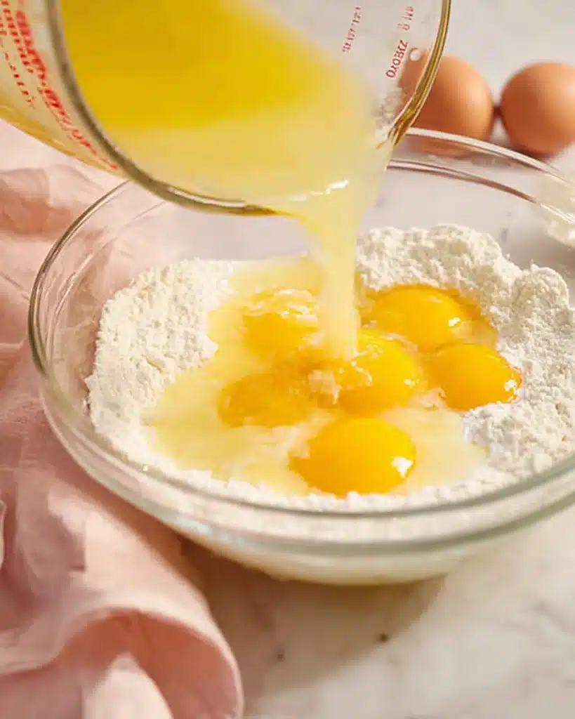 Lemon Bars 4 Pouring lemon juice into eggs and flour for lemon bar filling