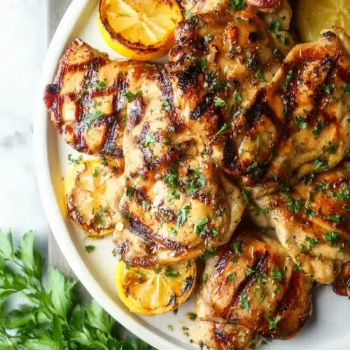 Lemon Garlic Chicken Thighs – Juicy, Zesty & Easy Weeknight Dinner 5 Grilled lemon garlic chicken thighs with char marks and grilled lemons on a white plate