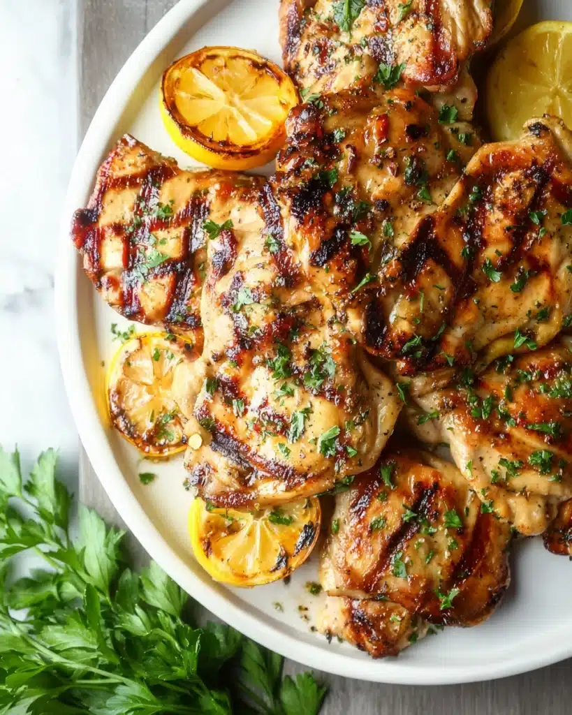 Lemon Garlic Chicken Thighs – Juicy, Zesty & Easy Weeknight Dinner 1 Grilled lemon garlic chicken thighs with char marks and grilled lemons on a white plate