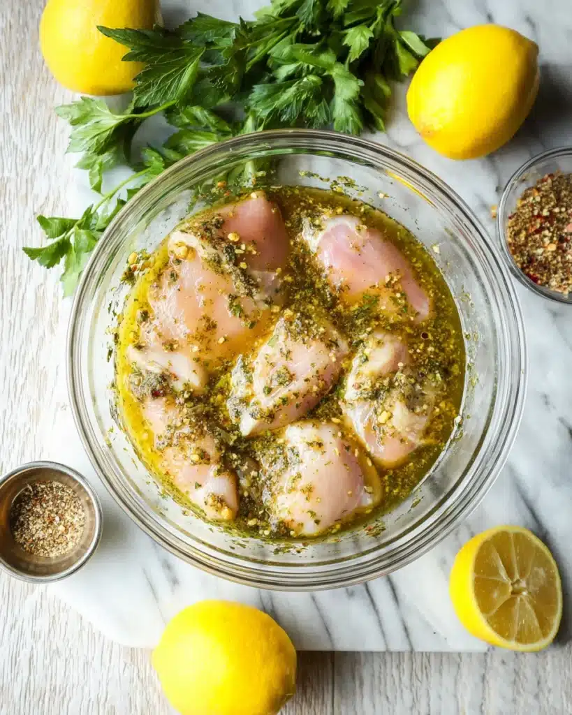Lemon Garlic Chicken Thighs – Juicy, Zesty & Easy Weeknight Dinner 3 Raw chicken thighs marinating in lemon garlic herb sauce with lemons and parsley