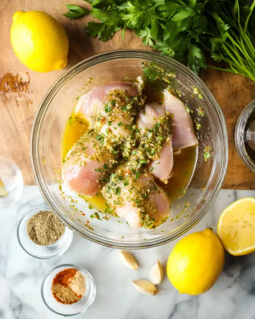 Lemon Garlic Chicken Thighs – Juicy, Zesty & Easy Weeknight Dinner 2 Pouring lemon garlic marinade over chicken thighs in a glass bowl