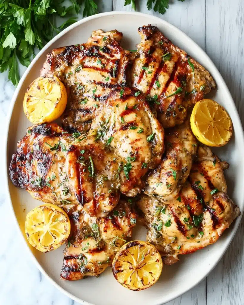 Lemon Garlic Chicken Thighs – Juicy, Zesty & Easy Weeknight Dinner 4 Grilled lemon garlic chicken thighs with char marks and fresh parsley