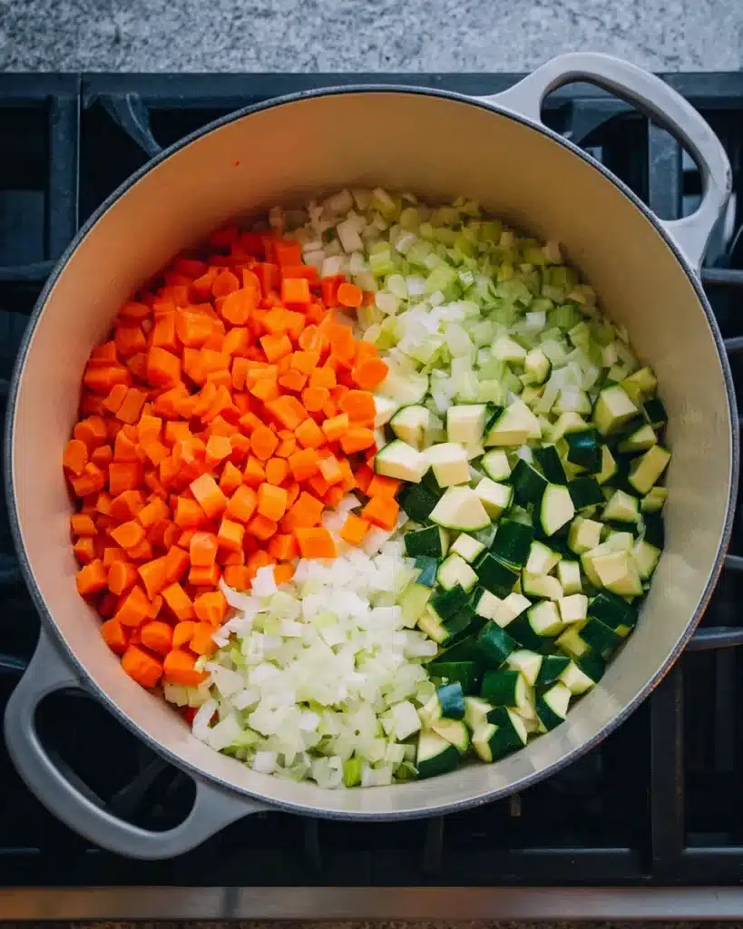 Minestrone Soup Recipe (Hearty and Classic Italian Comfort Food) 3 Chopped carrots, celery, onion, and zucchini in a pot for minestrone soup