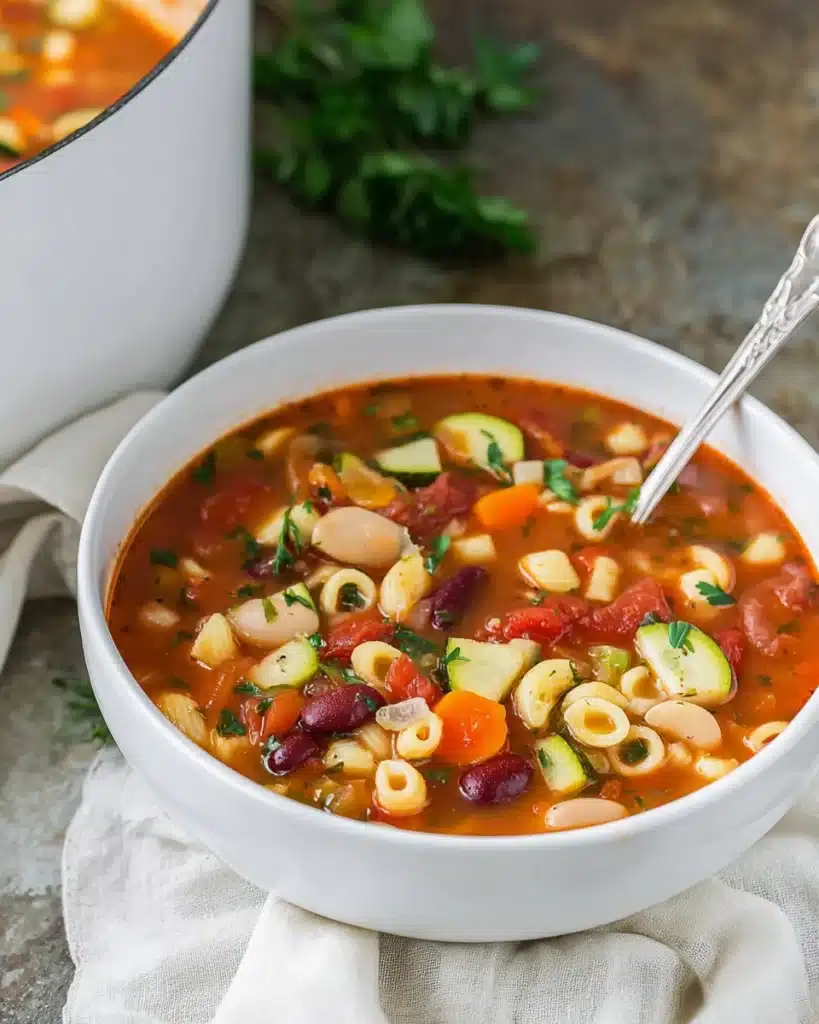 Minestrone Soup Recipe (Hearty and Classic Italian Comfort Food) 2 Bowl of minestrone soup with pasta, beans, and vegetables