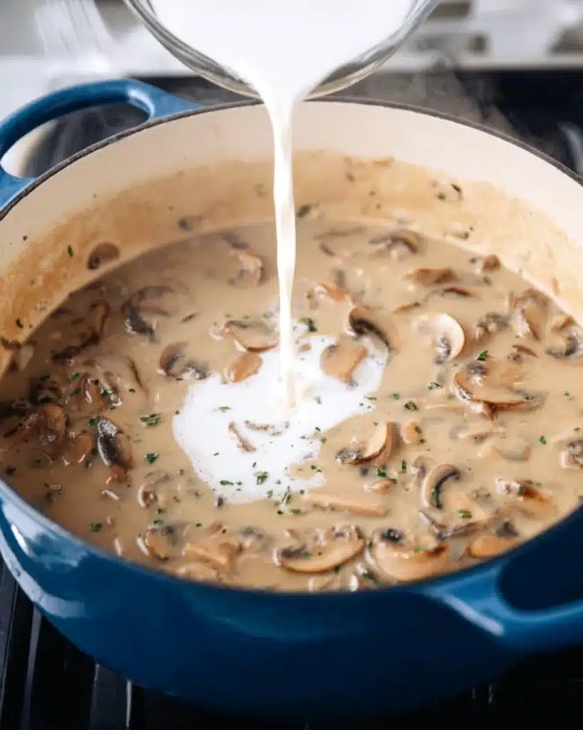 Mushroom Bisque 5 Pouring cream into mushroom soup base for Mushroom Bisque