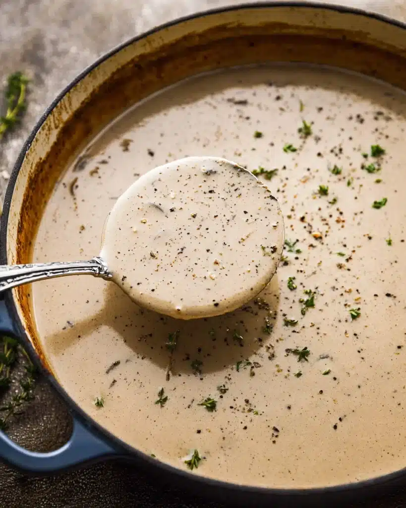 Mushroom Bisque 6 Ladle of creamy mushroom bisque sprinkled with herbs and pepper