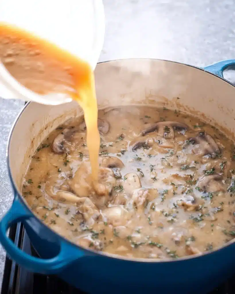 Mushroom Bisque 4 Pouring broth into creamy mushroom base for Mushroom Bisque