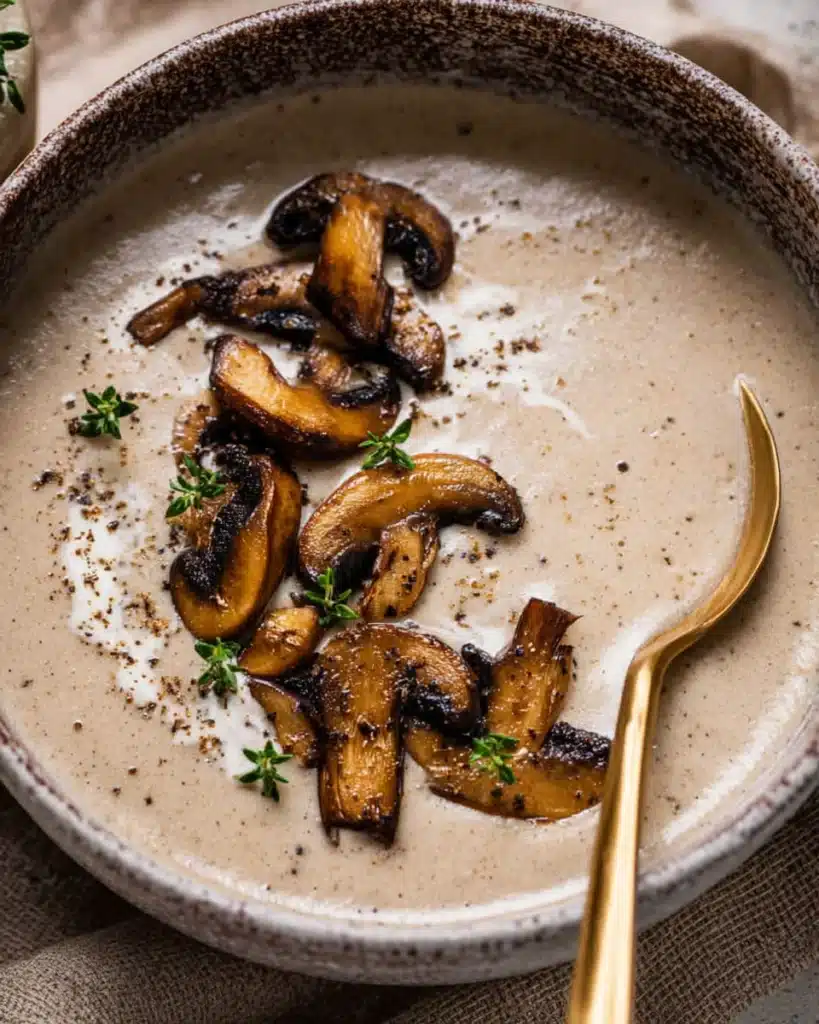 Mushroom Bisque 1 Creamy mushroom bisque topped with sautéed mushrooms and thyme in a rustic bowl