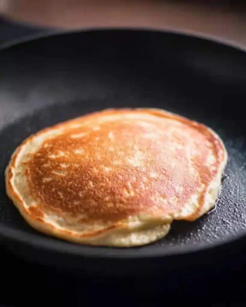 Pancakes – Fluffy, Quick, No-Fail 3 Golden pancake cooking in skillet after flipping