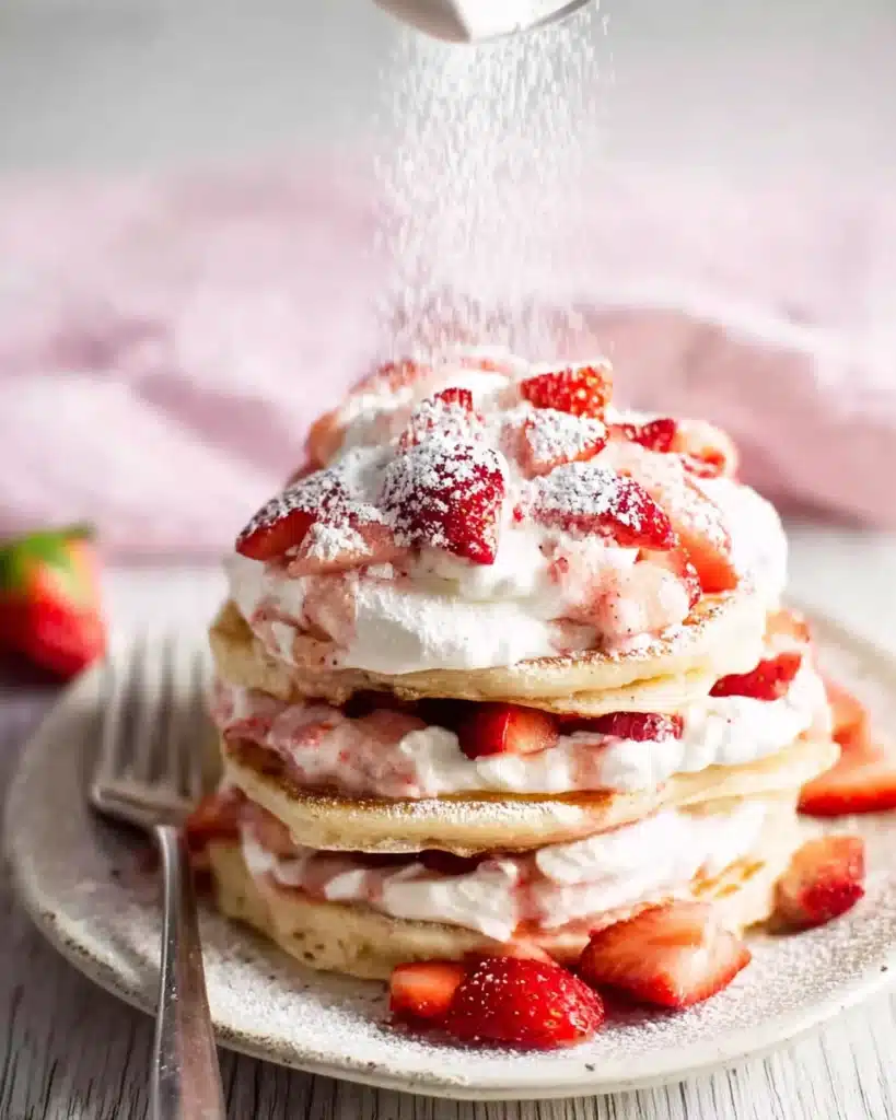 Pancakes – Fluffy, Quick, No-Fail 5 Strawberry whipped cream pancakes with powdered sugar sprinkle