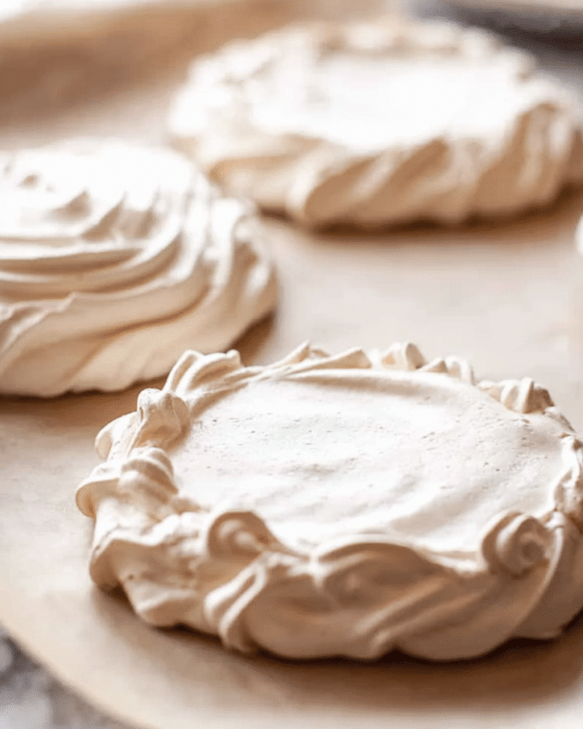 Pavlova Christmas Tree Recipe 2 Unbaked pavlova meringue rounds with piped edges on parchment paper