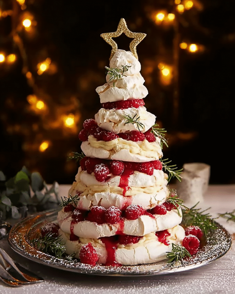 Pavlova Christmas Tree Recipe 1 Festive pavlova Christmas tree dessert with raspberries, whipped cream, and gold star topper