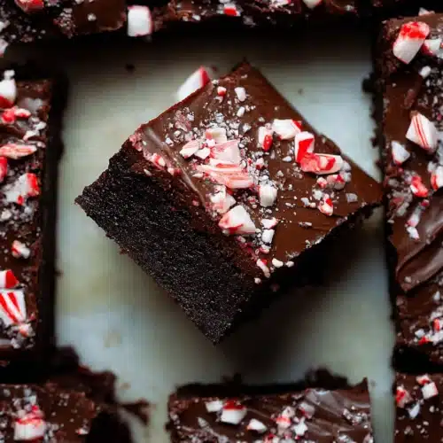Fudgy peppermint brownies with glossy chocolate ganache and crushed candy cane topping