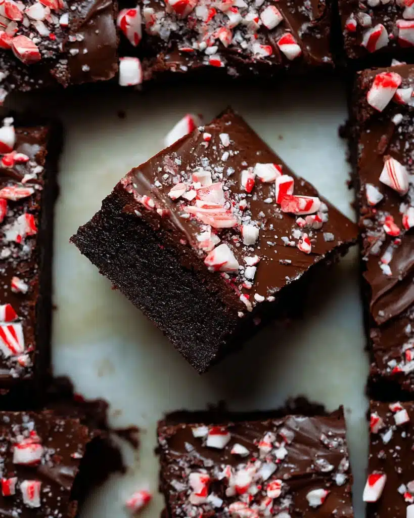 Fudgy peppermint brownies with glossy chocolate ganache and crushed candy cane topping