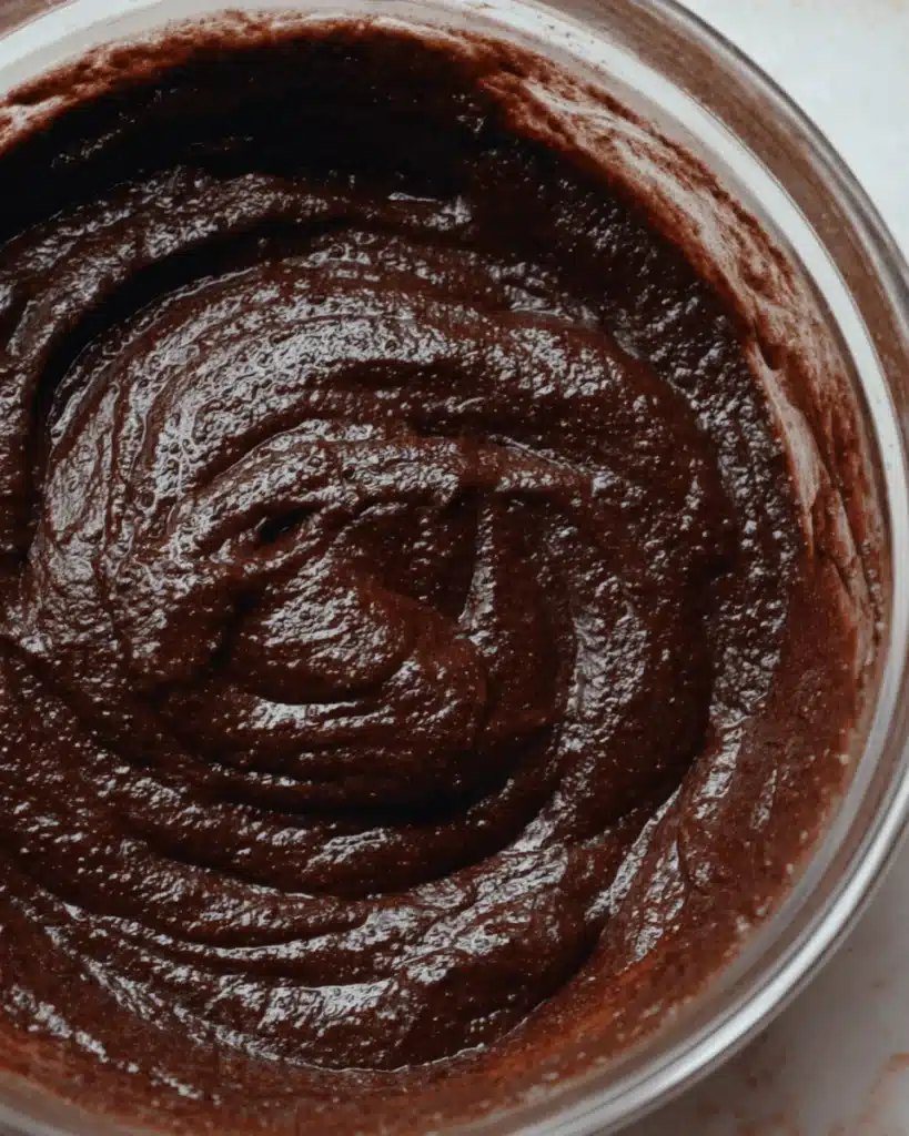 Thick glossy chocolate brownie batter in a glass mixing bowl